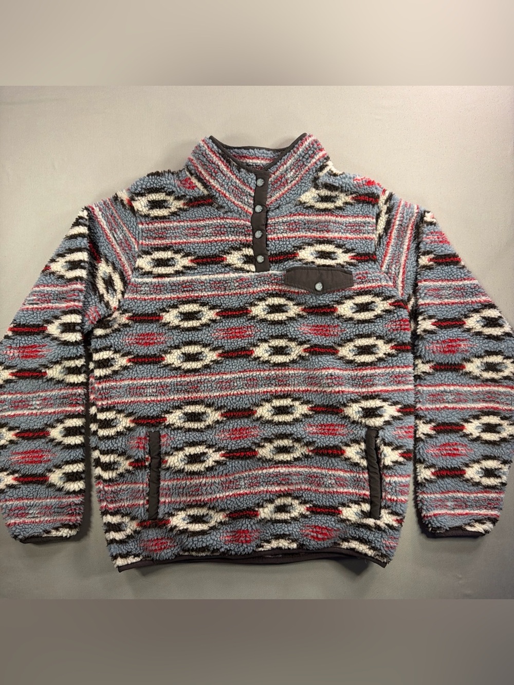 Cinch Multicolor Geometric Sherpa Zip Pullover - Gray, Cream, Red, Blue